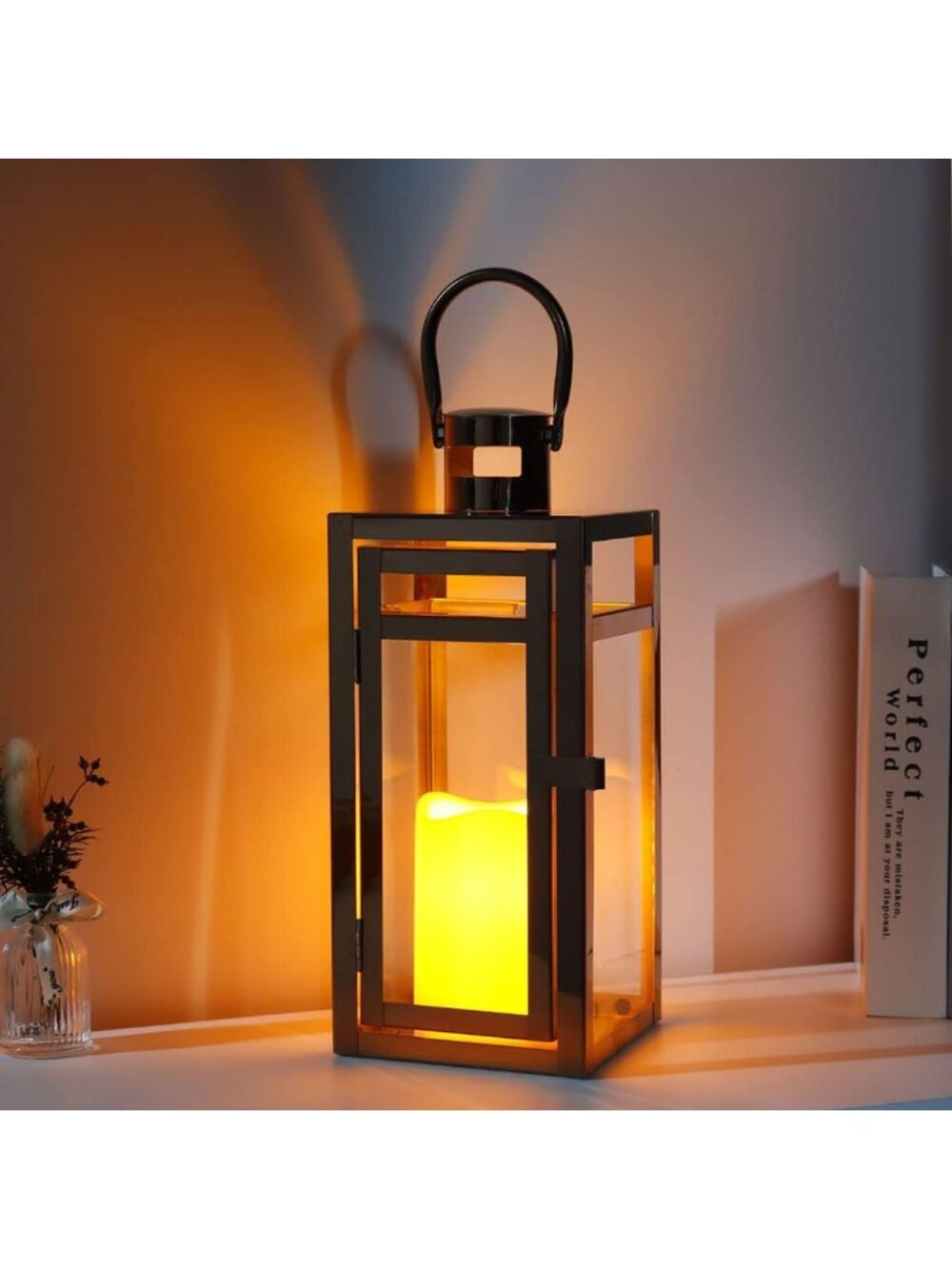 New Rose Gold 12 Inch Stainless Steel Metal Candle Lantern Glass Panel Decor - Picture 3 of 6
